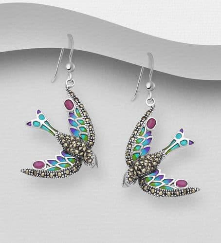 925 Sterling Silver Bird Hook Earrings, Decorated with Colored Enamel, Gemstones and Marcasite